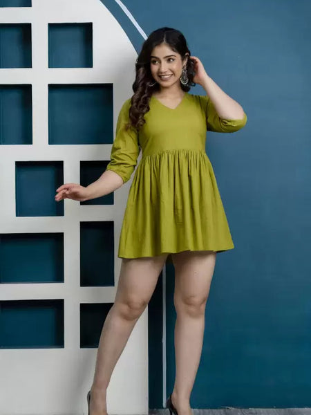 Cotton Green Short Dress For Women