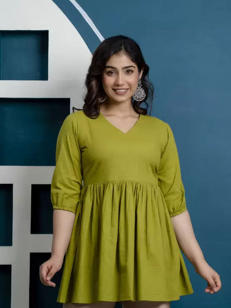 Cotton Green Short Dress For Women