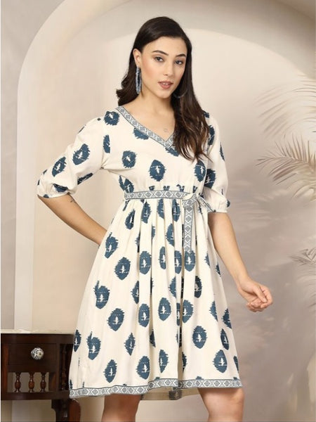 White Janifer bohemian print fit & flare Short Dress