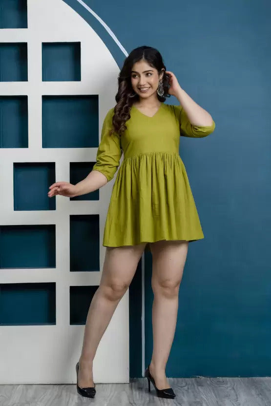 Cotton Green Short Dress For Women