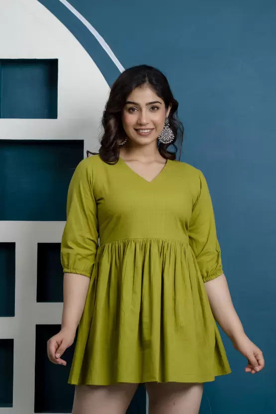 Cotton Green Short Dress For Women