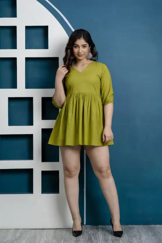 Cotton Green Short Dress For Women