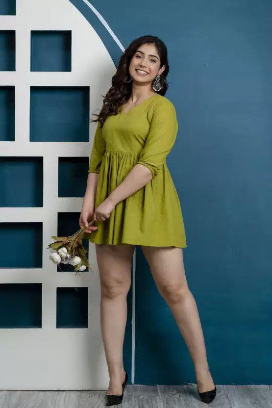 Cotton Green Short Dress For Women