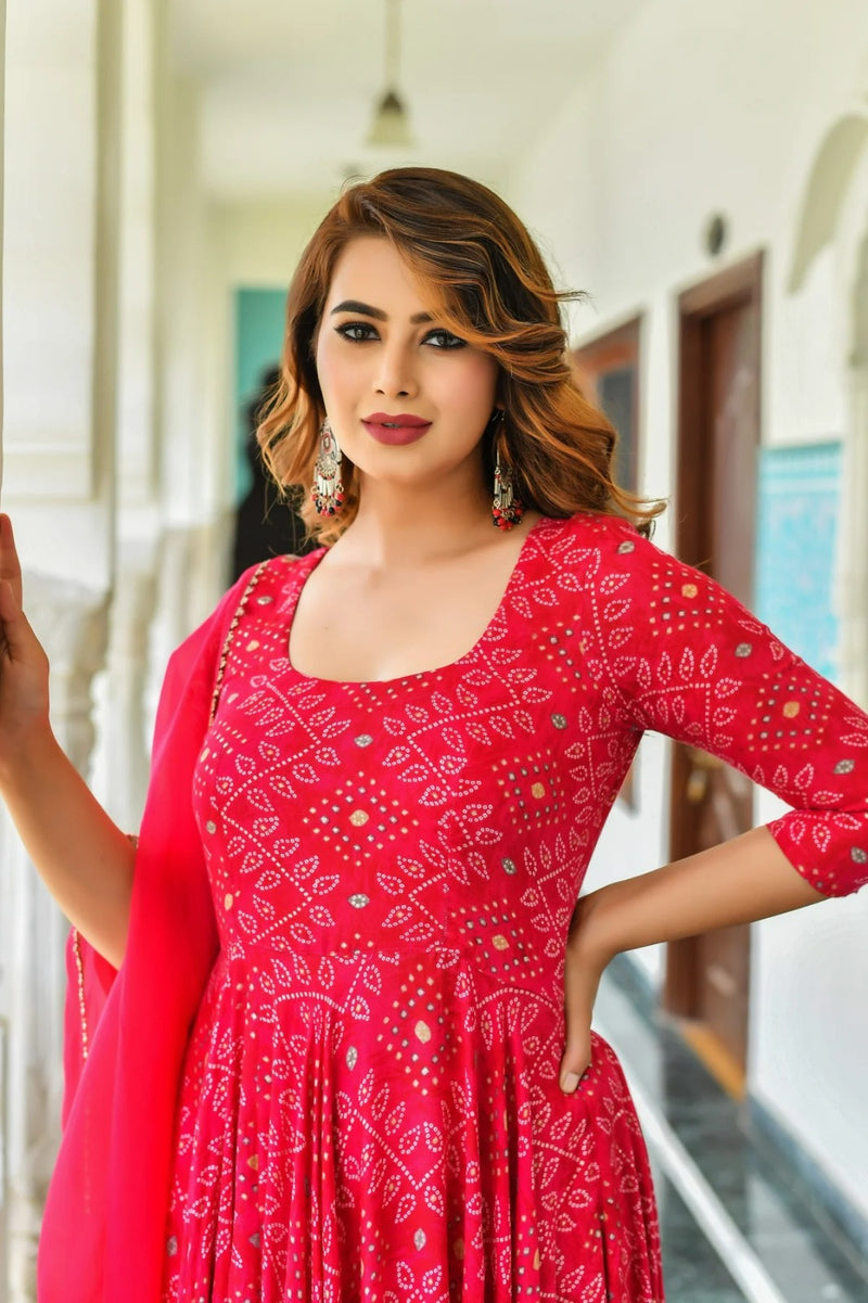 Pink Bandhej ethnic dresses with Duppta