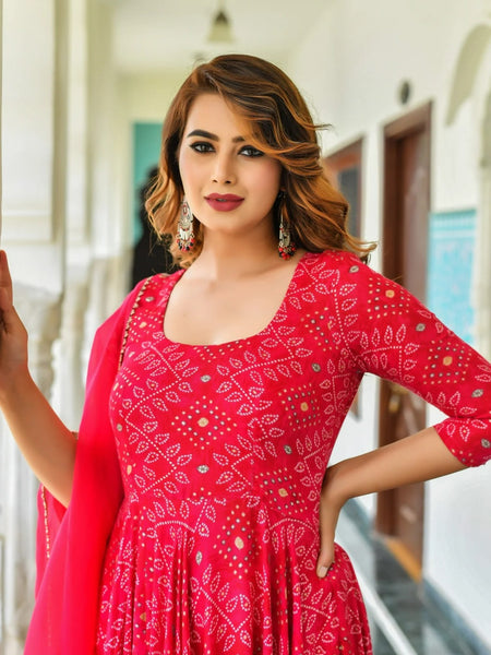 Pink Bandhej ethnic dresses with Duppta