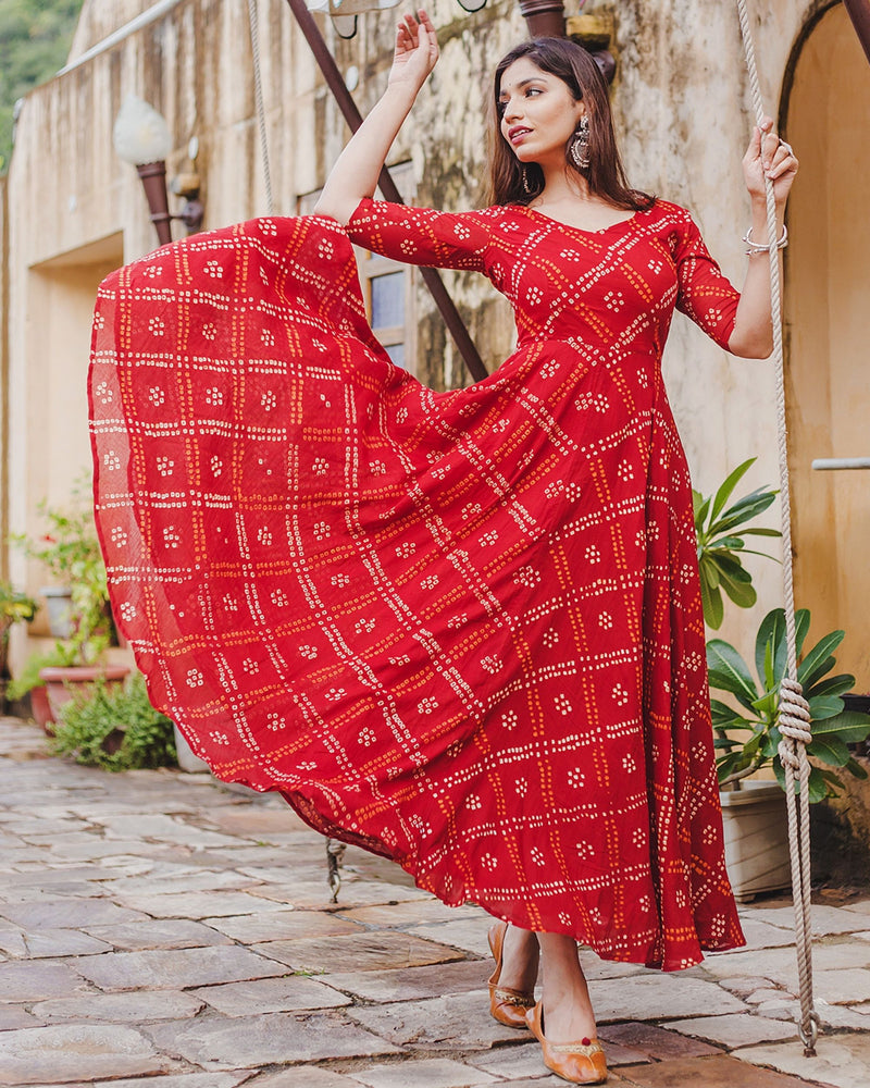 Red Bandhej Anarkali Dresses