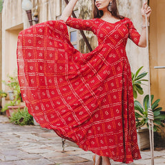 Red Bandhej Anarkali Dresses