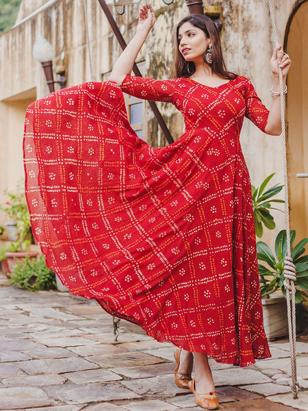 Red Bandhej Anarkali Dresses