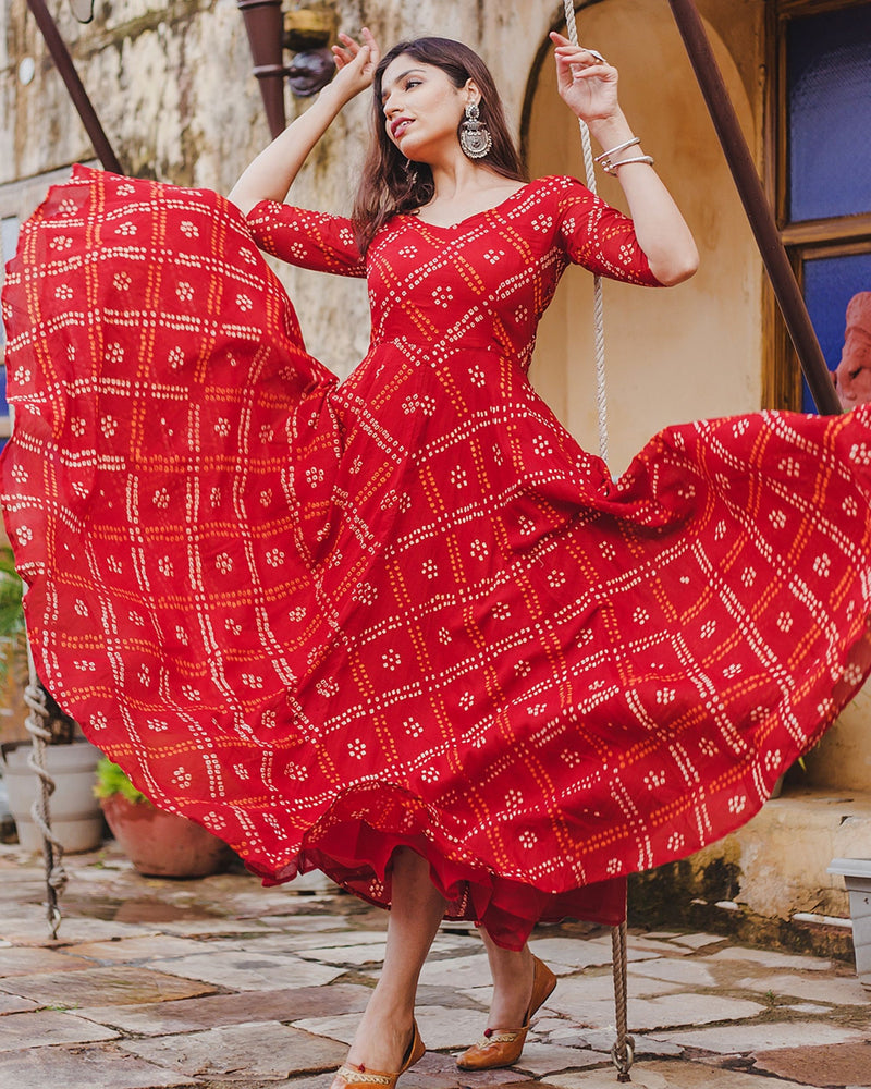 Red Bandhej Anarkali Dresses