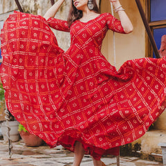 Red Bandhej Anarkali Dresses