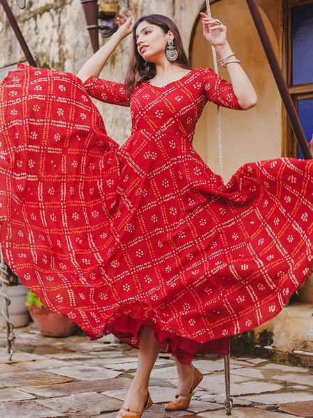 Red Bandhej Anarkali Dresses