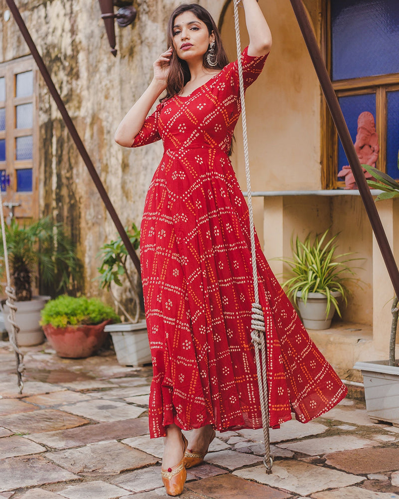 Red Bandhej Anarkali Dresses