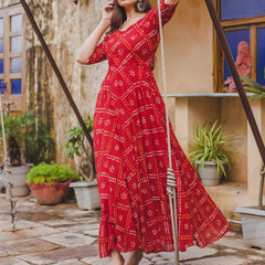 Red Bandhej Anarkali Dresses