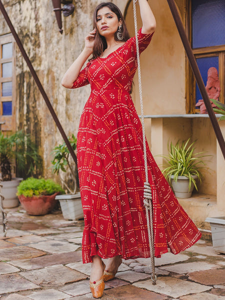 Red Bandhej Anarkali Dresses