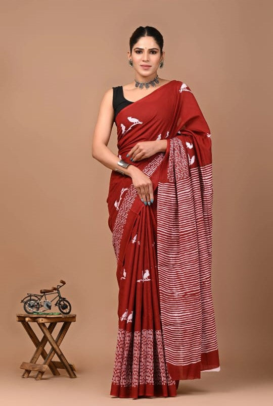 Elegant Hand Block Printed Cotton Saree