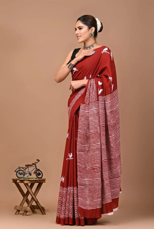 Elegant Hand Block Printed Cotton Saree