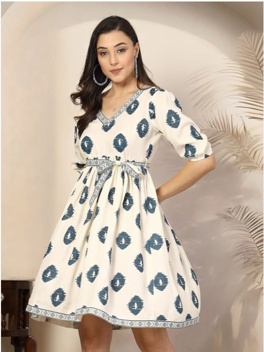 White Janifer bohemian print fit & flare Short Dress