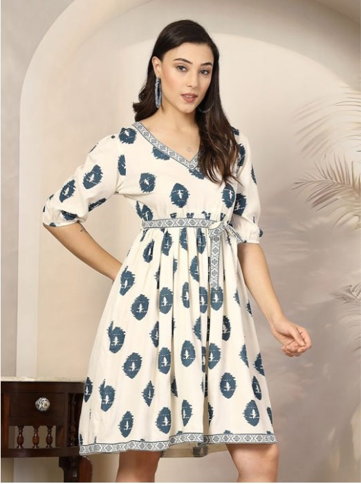 White Janifer bohemian print fit & flare Short Dress
